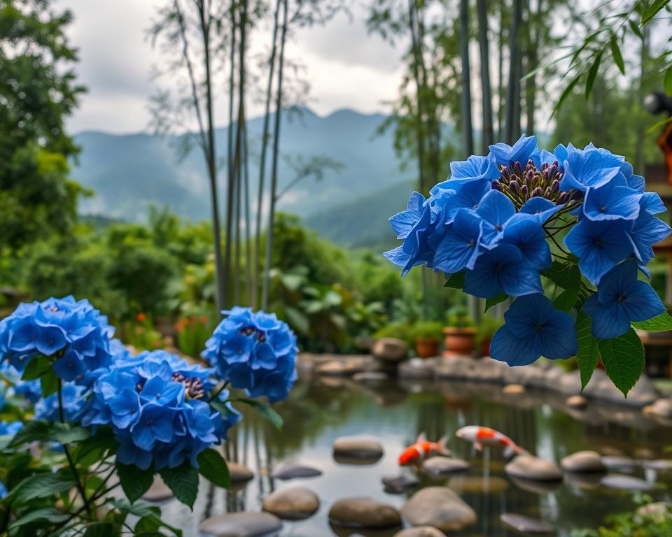 Blühende Hortensien in Japan während der Regenzeit