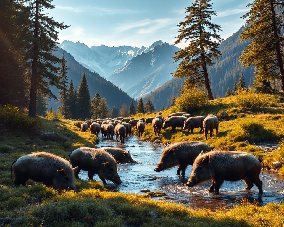 Wildschweine in verschiedenen Lebensräumen Wildschweine in verschiedenen Lebensräumen