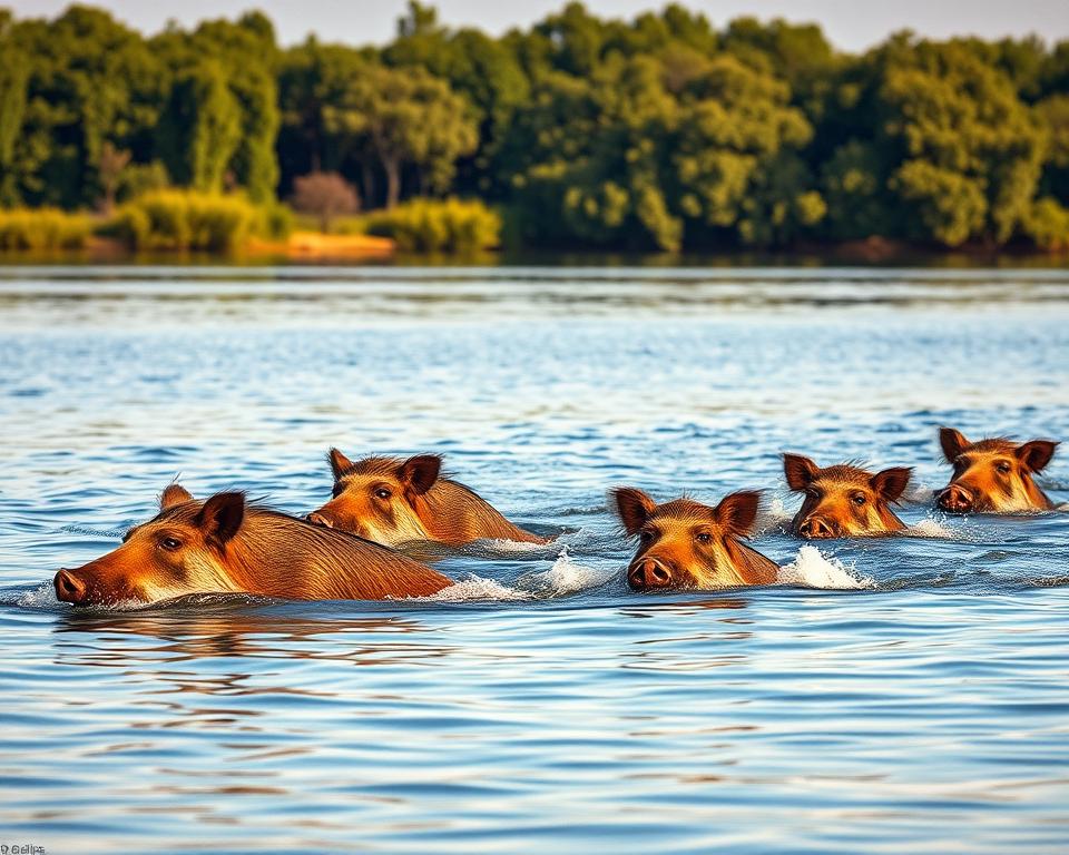 Wildschweine schwimmen Wildschweine schwimmen