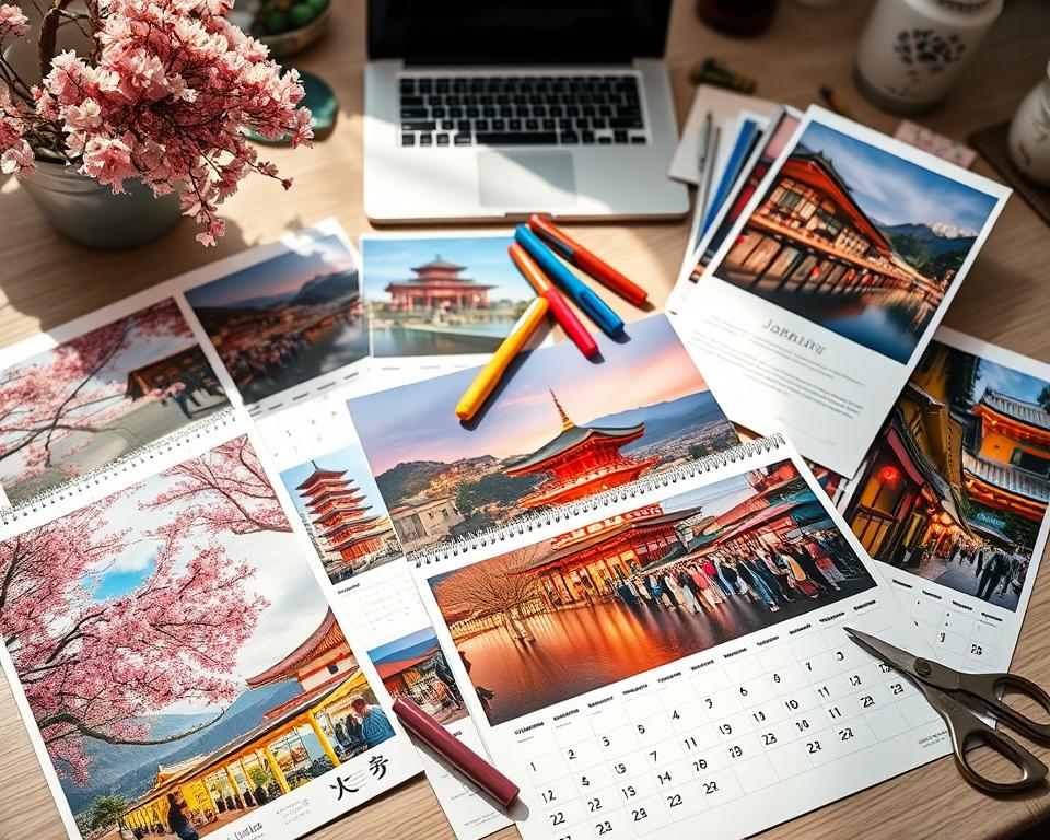 A beautifully arranged flat lay showcasing a variety of personalized photo calendars featuring stunning vacation images from Japan. In the foreground, colorful calendars display scenes such as cherry blossoms, traditional temples, and bustling street markets, with some partially opened to reveal the inside pages. The middle layer includes tools for customization: a pen, colorful markers, and scissors, creating a creative atmosphere. The background features a soft, blurred image of a workspace with a laptop and soft lighting, suggesting a peaceful and productive environment. The mood is warm and inviting, reminiscent of cherished memories and the excitement of planning. The scene is illuminated with natural light, capturing the essence of creativity in a serene, artistic setting.