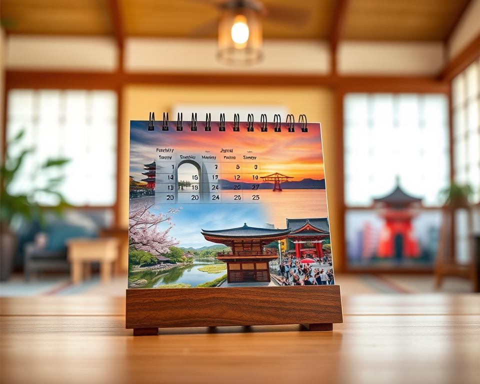 A beautifully designed photo calendar featuring stunning travel images from Japan as its backdrop. In the foreground, there is an elegant wooden calendar stand adorned with vibrant photographs capturing iconic Japanese landscapes, such as cherry blossoms in full bloom, a serene temple by a tranquil pond, and bustling Shibuya streets at sunset. In the middle ground, gently blurred images of traditional Japanese architecture and serene nature scenes create a harmonious flow. The background showcases soft, diffused natural light filtering through what appears to be a cozy Japanese room, enhancing the warmth and nostalgia of the memories. The overall mood conveys a sense of peace and reflection, making the calendar an everlasting companion throughout the year.