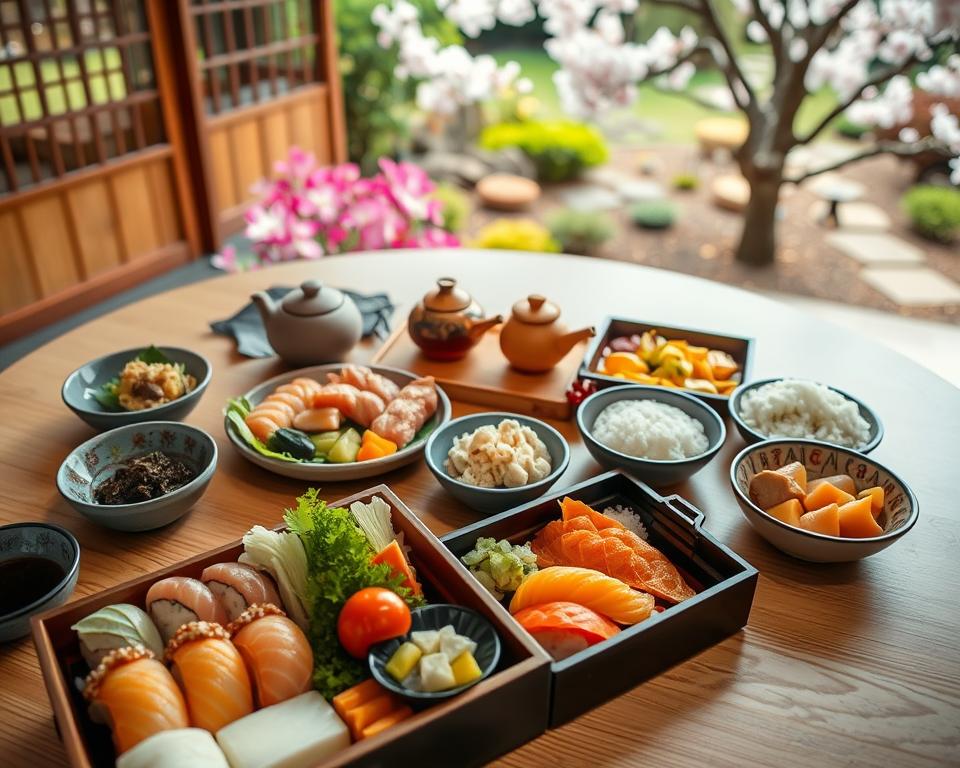 A beautifully arranged Japanese dining table features a variety of traditional dishes, showcasing the richness of Japanese culinary culture. In the foreground, a carefully crafted bento box sits with colorful sushi, delicate sashimi, seasonal vegetables, and a small dish of miso soup. In the middle ground, a rustic wooden tea set is placed alongside a vibrant display of pickles and rice. The background reveals a serene Japanese garden with cherry blossoms in full bloom, enhancing the ambiance of tranquility. The scene is illuminated by soft, natural lighting, casting gentle shadows and creating an inviting atmosphere. The viewpoint is slightly overhead, capturing the intricate details and harmonious arrangement of the food, emphasizing Japan's sophisticated and diverse dining culture.