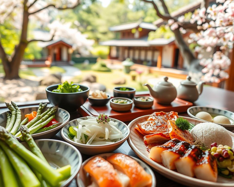 A beautifully arranged Kaiseki Gericht, showcasing an array of traditional Japanese dishes. In the foreground, delicate ceramic plates hold vibrant seasonal ingredients: bright green asparagus, tender grilled fish, colorful daikon, and intricately shaped rice balls. The middle ground features an elegantly crafted wooden serving tray, adorned with delicate garnishes like edible flowers and sprouts. A tea set with steaming matcha completes the scene. The background reveals a serene Japanese garden with lush greenery, cherry blossoms, and a glimpse of a traditional wooden teahouse, softly blurred to enhance depth. Soft, warm natural light filters through the trees, casting gentle shadows, creating a tranquil and inviting atmosphere. The angle is slightly above eye level, emphasizing the artistry of the food presentation while evoking a sense of harmony and cultural elegance. A beautifully arranged Kaiseki Gericht, showcasing an array of traditional Japanese dishes. In the foreground, delicate ceramic plates hold vibrant seasonal ingredients: bright green asparagus, tender grilled fish, colorful daikon, and intricately shaped rice balls. The middle ground features an elegantly crafted wooden serving tray, adorned with delicate garnishes like edible flowers and sprouts. A tea set with steaming matcha completes the scene. The background reveals a serene Japanese garden with lush greenery, cherry blossoms, and a glimpse of a traditional wooden teahouse, softly blurred to enhance depth. Soft, warm natural light filters through the trees, casting gentle shadows, creating a tranquil and inviting atmosphere. The angle is slightly above eye level, emphasizing the artistry of the food presentation while evoking a sense of harmony and cultural elegance.