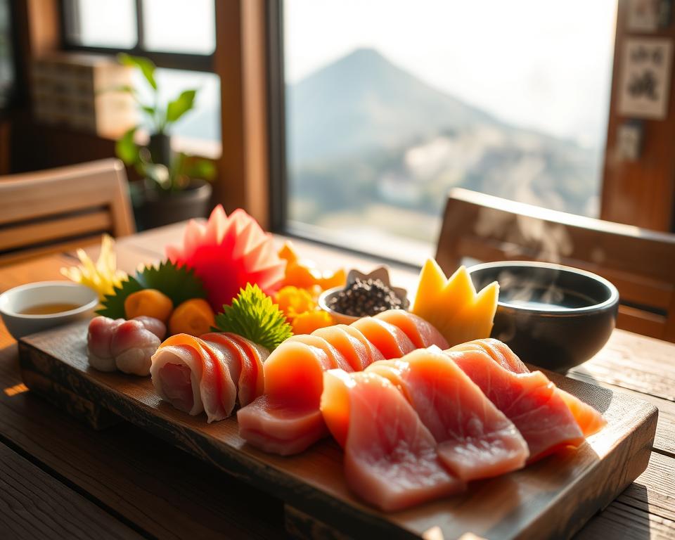 A beautifully arranged platter showcasing Sakurajima specialties, featuring fresh sashimi, locally grown sweet potatoes, and a steaming bowl of miso soup, all placed on a rustic wooden table. Soft natural lighting filters through a nearby window, casting gentle shadows across the scene, enhancing the vibrant colors of the food. In the background, a glimpse of Sakurajima volcano looms majestically, its peak slightly shrouded in mist, creating a serene yet dramatic atmosphere. Use a shallow depth of field to focus on the food in the foreground while keeping the volcano subtly blurred, emphasizing the connection between the culinary delights and their volcanic origins. Capture a warm, inviting mood that encourages exploration and enjoyment of the local cuisine.