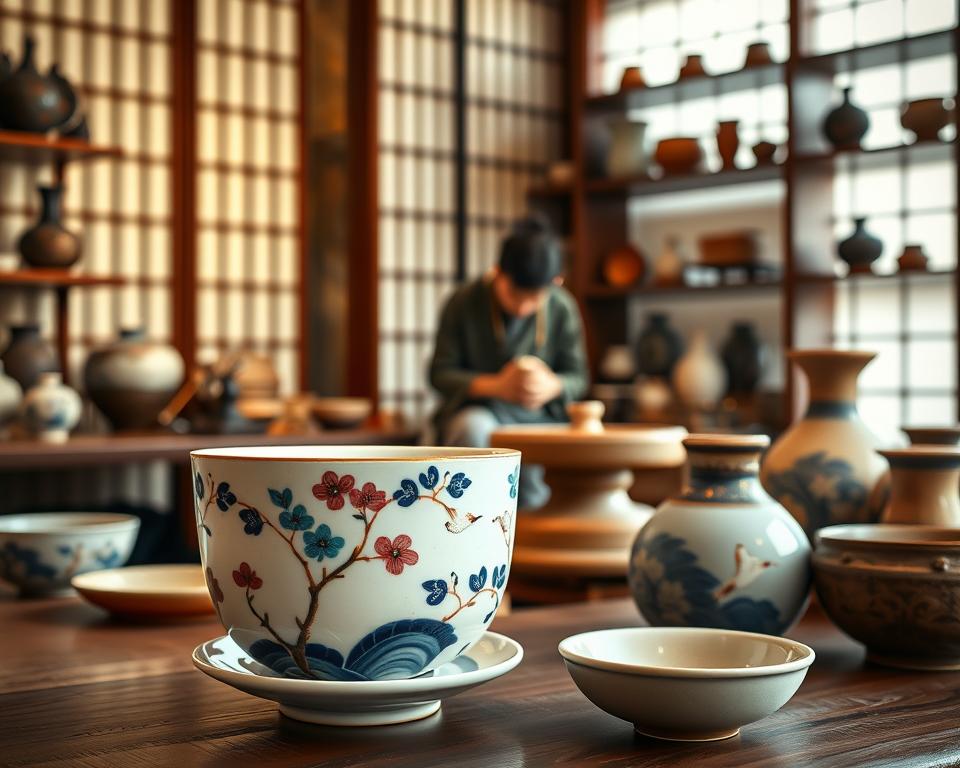 A beautifully arranged scene showcasing traditional Japanese ceramics, including intricate tea sets and decorative vases. In the foreground, focus on a delicate, hand-painted sake set with classic motifs like cherry blossoms and cranes, displaying vibrant blues and whites. In the middle ground, display a traditional potter’s wheel and a skilled artisan, wearing modest, traditional attire, gently shaping clay, surrounded by artisan tools. The background features softly blurred shelves filled with various elegantly crafted ceramic pieces, showcasing the rich textures and glazes. Warm, natural light filters through a shoji screen, casting gentle shadows and highlighting the earthy tones. The atmosphere is serene, inviting viewers to appreciate the artistry and craftsmanship of Japan's traditional pottery. A beautifully arranged scene showcasing traditional Japanese ceramics, including intricate tea sets and decorative vases. In the foreground, focus on a delicate, hand-painted sake set with classic motifs like cherry blossoms and cranes, displaying vibrant blues and whites. In the middle ground, display a traditional potter’s wheel and a skilled artisan, wearing modest, traditional attire, gently shaping clay, surrounded by artisan tools. The background features softly blurred shelves filled with various elegantly crafted ceramic pieces, showcasing the rich textures and glazes. Warm, natural light filters through a shoji screen, casting gentle shadows and highlighting the earthy tones. The atmosphere is serene, inviting viewers to appreciate the artistry and craftsmanship of Japan's traditional pottery.