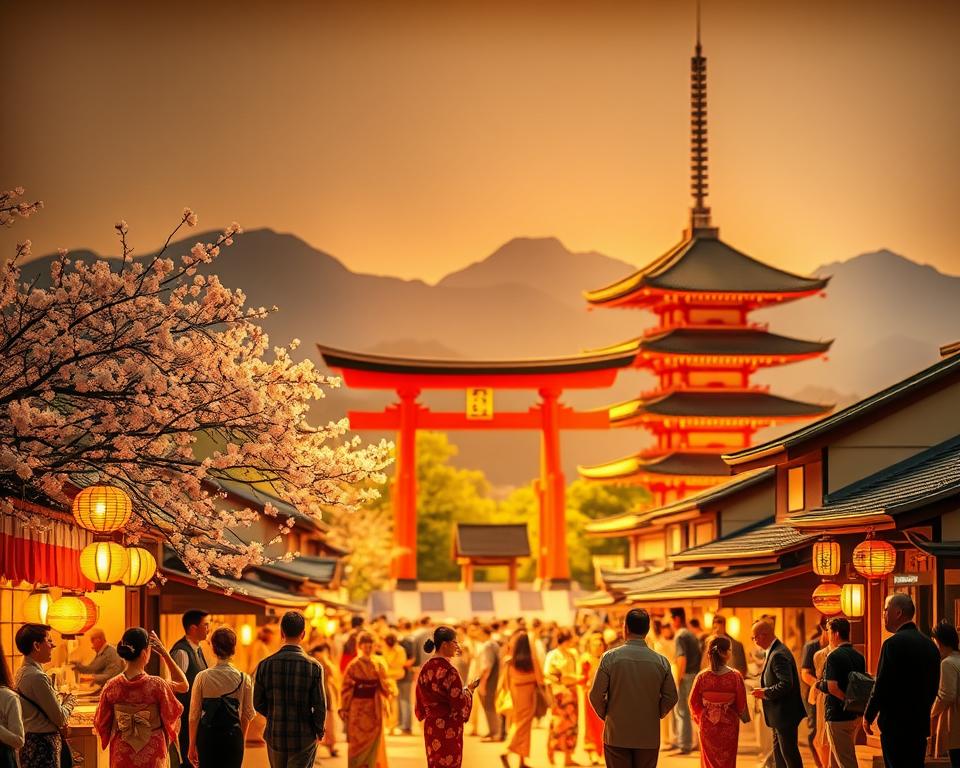 A beautifully arranged tableau depicting Japan's national holidays, showcasing traditional elements like cherry blossoms and lanterns. In the foreground, a vibrant market scene with people dressed in traditional kimono and modest business attire, celebrating a festival with colorful decorations. The middle ground features iconic landmarks such as a torii gate and a classic Japanese temple, subtly illuminated by golden sunlight to create a warm, inviting atmosphere. In the background, distant mountains accentuate the serene beauty of Japan’s landscape. The scene conveys a sense of joy and cultural richness, inviting viewers to appreciate the significance of Japan's public holidays. The lighting is soft yet vibrant, capturing the festive spirit of the celebrations. A beautifully arranged tableau depicting Japan's national holidays, showcasing traditional elements like cherry blossoms and lanterns. In the foreground, a vibrant market scene with people dressed in traditional kimono and modest business attire, celebrating a festival with colorful decorations. The middle ground features iconic landmarks such as a torii gate and a classic Japanese temple, subtly illuminated by golden sunlight to create a warm, inviting atmosphere. In the background, distant mountains accentuate the serene beauty of Japan’s landscape. The scene conveys a sense of joy and cultural richness, inviting viewers to appreciate the significance of Japan's public holidays. The lighting is soft yet vibrant, capturing the festive spirit of the celebrations.