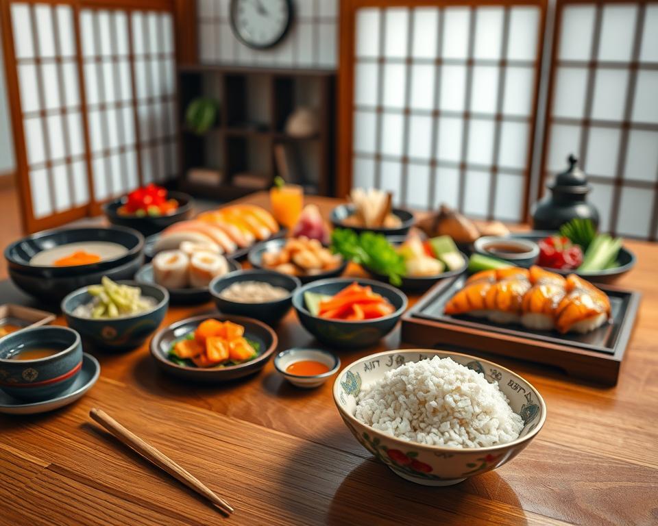 A beautifully arranged traditional Japanese washoku meal on a wooden table, featuring a variety of colorful dishes such as sushi, sashimi, seasonal vegetables, and miso soup. In the foreground, focus on a delicate, hand-painted ceramics bowl filled with rice, accompanied by chopsticks elegantly placed beside it. In the middle ground, display an assortment of vibrant pickled vegetables and fragrant grilled fish, showcasing the artistry of Japanese cuisine. The background features softly diffused natural light filtering through shoji screens, enhancing the warm, inviting atmosphere of a Japanese dining setting. Capture the scene from a slightly elevated angle to provide a comprehensive view, evoking a sense of tranquility and cultural richness.