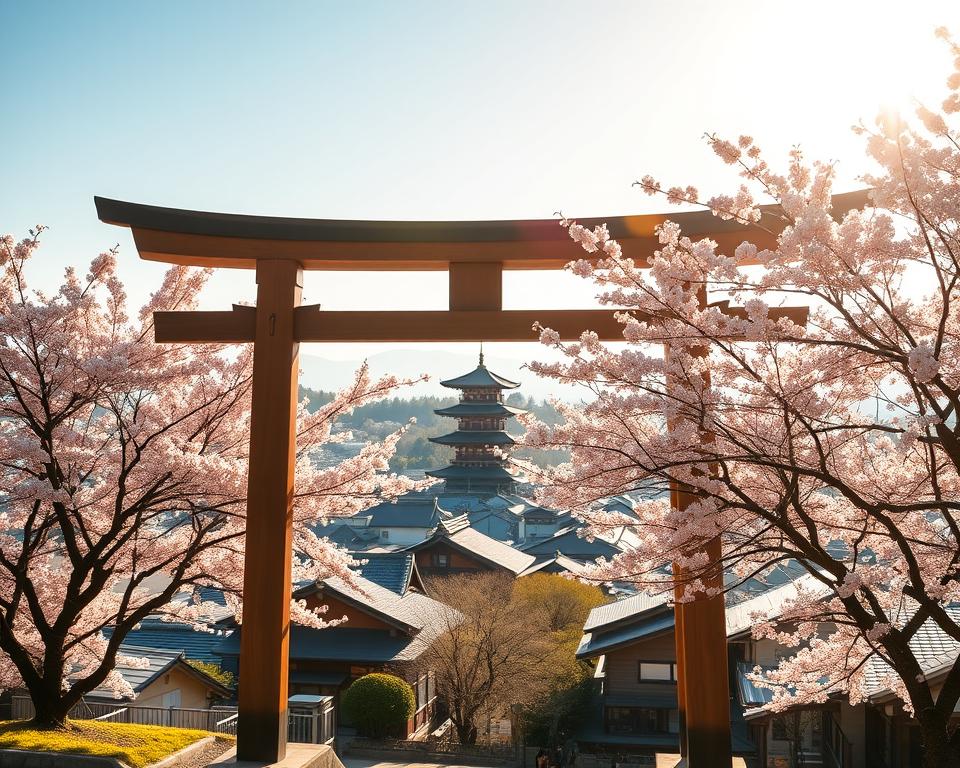 A beautifully composed scene showcasing a cultural travel route through Japan, focusing on iconic landmarks and serene landscapes. In the foreground, a charming traditional wooden torii gate, symbolizing a Shinto shrine, surrounded by vibrant cherry blossom trees in full bloom. The middle ground features a breathtaking view of Kyoto's historic district with intricate wooden machiya houses and the distant silhouette of Kiyomizu-dera Temple atop a hill. In the background, gently rolling hills and a clear blue sky, illuminated by soft, golden sunlight, create an inviting atmosphere. Capture the mood of exploration and discovery, embodying the rich history and cultural heritage of Japan while using a wide-angle lens to enhance depth. The scene must feel tranquil and inspiring, encouraging travel enthusiasts to immerse themselves in Japan's culture.