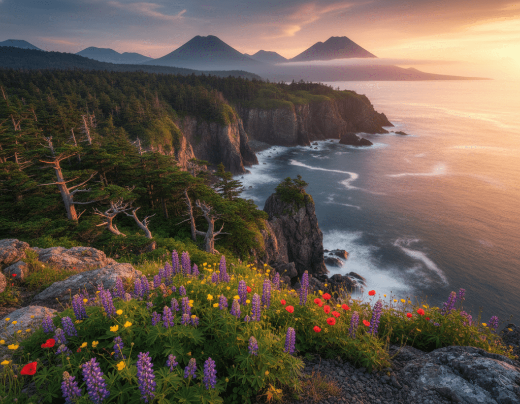 A breathtaking landscape of the Shiretoko Peninsula in Japan, showcasing its rugged cliffs and lush greenery. In the foreground, vibrant wildflowers bloom among the rocky terrain. The middle ground features dense forests of ancient cedar trees, transitioning into dramatic cliffs that plunge into the Sea of Okhotsk. The background highlights majestic volcanic peaks shrouded in mist, creating a sense of depth. The scene is captured at sunrise, with warm golden light illuminating the coastline and reflecting off the water, adding a serene and tranquil atmosphere. The perspective is slightly elevated, offering a sweeping view of this UNESCO World Heritage site, emphasizing its natural beauty and untouched wilderness.