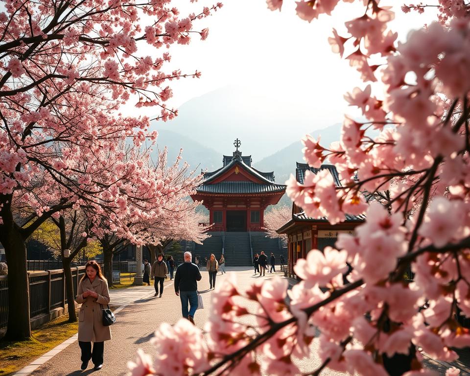 A breathtaking scene depicting the ideal travel time in Japan, showcasing the vibrant cherry blossoms of spring in full bloom in the foreground, with people in modest casual clothing, admiring the flowers. In the middle ground, traditional Japanese architecture, including a serene temple, complements the natural beauty, while locals casually stroll by. The background captures distant, misty mountains, hinting at Japan's lush landscapes, with soft sunlight filtering through the blossoms, creating a warm and inviting atmosphere. The scene is framed with a shallow depth of field, emphasizing the delicate petals in the foreground, while the serene scale of the mountains enhances the tranquil mood overall. The lighting is warm and soft, evoking the peacefulness of an ideal travel moment in Japan.