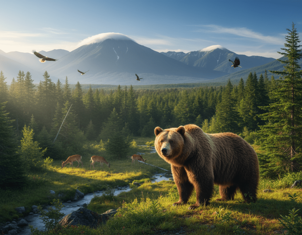A breathtaking scene of bear observation in Shiretoko National Park, Japan. In the foreground, a majestic brown bear stands at the edge of a lush green forest, its fur glistening under soft sunlight. In the middle ground, a variety of wildlife, including deer and birds, can be seen, creating a vibrant ecosystem. The background features the serene landscape of the park, with dramatic mountains and a clear blue sky. Gentle light filters through the trees, casting dappled shadows on the forest floor, evoking a peaceful and natural atmosphere. Capture this moment from a slightly elevated angle, emphasizing the harmony of wildlife and nature, with a focus on the bear in its habitat, conveying a sense of adventure and tranquility.