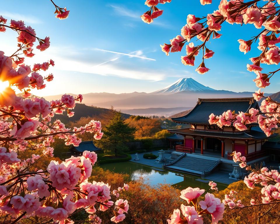 A breathtaking view of Honshū, Japan's largest island, showcasing its stunning natural beauty and rich cultural heritage. In the foreground, traditional Japanese cherry blossom trees are in full bloom, their delicate pink petals cascading gently in the breeze. The middle ground features a serene Shinto shrine with ornate wooden architecture, surrounded by lush greenery and a tranquil pond reflecting the sky. In the background, majestic mountains rise against the horizon, their peaks capped with soft white snow under a vibrant blue sky. The lighting is warm and inviting, casting a golden glow during the golden hour of sunset. The atmosphere is peaceful and harmonious, evoking a sense of tranquility and connection to nature. The composition has a slight wide-angle perspective, capturing the expansive beauty of this iconic Japanese landscape. A breathtaking view of Honshū, Japan's largest island, showcasing its stunning natural beauty and rich cultural heritage. In the foreground, traditional Japanese cherry blossom trees are in full bloom, their delicate pink petals cascading gently in the breeze. The middle ground features a serene Shinto shrine with ornate wooden architecture, surrounded by lush greenery and a tranquil pond reflecting the sky. In the background, majestic mountains rise against the horizon, their peaks capped with soft white snow under a vibrant blue sky. The lighting is warm and inviting, casting a golden glow during the golden hour of sunset. The atmosphere is peaceful and harmonious, evoking a sense of tranquility and connection to nature. The composition has a slight wide-angle perspective, capturing the expansive beauty of this iconic Japanese landscape.
