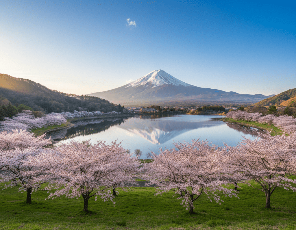 A breathtaking view of Mount Fuji, prominently rising against a brilliant blue sky, its peak capped with pristine white snow. In the foreground, lush green fields blanketed with vibrant cherry blossom trees create a stunning contrast to the mountain. The middle ground features a serene lake reflecting Mount Fuji's majestic silhouette, capturing the peaceful essence of a typical spring day. Soft, warm sunlight bathes the scene, enhancing the natural colors and creating a tranquil atmosphere. The composition is taken from a low-angle perspective to emphasize the grandeur of the mountain, with gentle rolling hills framing the sides, adding depth to the image. This picturesque landscape invites viewers to experience the beauty of Japan's iconic landmark.