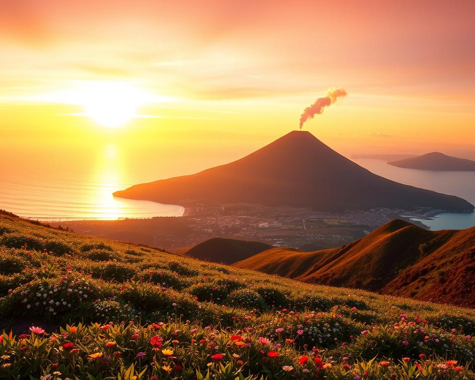 A breathtaking view of Sakurajima, Kyushu, showcasing its majestic volcanic landscape. In the foreground, lush green fields dotted with colorful wildflowers, leading to a serene coastal area with gentle waves lapping against the shore. The middle ground features the iconic Sakurajima volcano, rising prominently with a plume of volcanic smoke softly drifting upwards. The background captures a vivid sunset, casting warm golden and orange hues across the sky, creating a magical glow that reflects off the ocean. The scene is bathed in soft, natural light, emphasizing the tranquility and beauty of this unique destination. Capture the overall atmosphere of awe and adventure, inviting viewers to explore the wonders of this volcanic island.