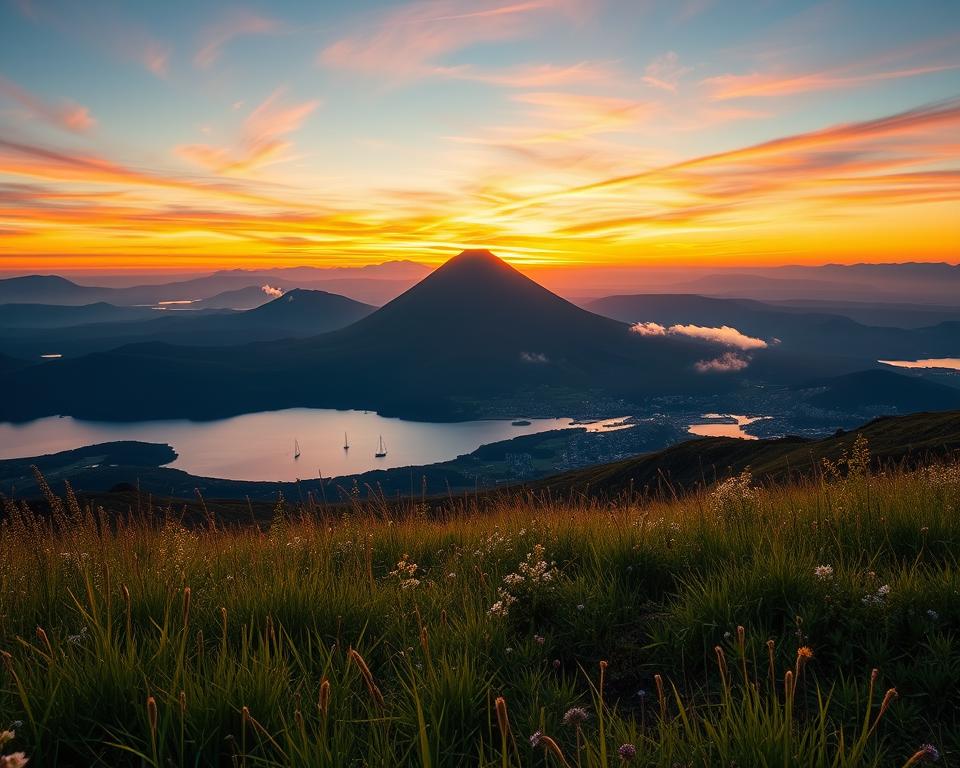 A breathtaking view of Sakurajima, an active volcano in Kyushu, Japan, captured during the golden hour with warm sunlight illuminating the landscape. In the foreground, lush green grass and wildflowers frame the scene, leading to a serene bay dotted with small boats. The middle ground features the imposing silhouette of Sakurajima, with its gentle slopes and hints of volcanic rock, enveloped in soft volcanic smoke. In the background, distant mountains create a layered perspective under a vibrant sunset sky filled with hues of orange, pink, and purple. The atmosphere is tranquil yet awe-inspiring, inviting exploration and appreciation of nature's splendor. Use a wide-angle lens to enhance depth and showcase the expansive landscape in rich detail.