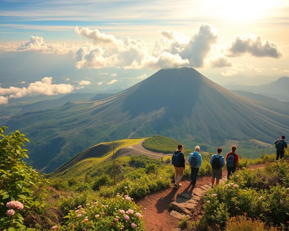 A breathtaking view of Sakurajima, an active volcano in Kyushu, Japan, showcasing its stunning natural landscape. In the foreground, a winding hiking trail with vibrant green foliage and blooming wildflowers invites adventurers. The middle ground features a group of enthusiastic hikers in modest casual clothing, capturing the thrill of exploration against the backdrop of Sakurajima, its slopes dotted with lush vegetation. The background reveals an expansive sky with puffy white clouds illuminated by golden sunlight, casting a warm glow over the volcanic landscape. A sense of tranquility and awe pervades the scene, highlighting the island's unique beauty. The image captures the essence of outdoor activities and nature experiences on Sakurajima, offering a glimpse into its majestic environment with a focus on natural light and vibrant colors.