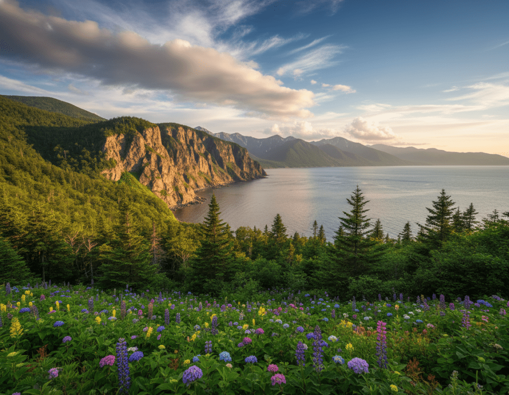 A breathtaking view of Shiretoko National Park on Hokkaido, showcasing the dramatic cliffs of the peninsula under a vibrant, blue sky dotted with fluffy white clouds. In the foreground, a lush green forest of tall conifers and colorful wildflowers creates a tapestry of natural beauty. The middle ground features the shimmering waters of the Sea of Okhotsk, reflecting the sunlight, while a distant view of rugged mountains stretches across the horizon. Emphasize the pristine wilderness and untouched nature, with a warm, inviting atmosphere. Capture the scene during golden hour, with soft, diffused lighting that highlights the textures of the landscape. Use a wide-angle lens to enhance the vastness of the scenery, inviting a sense of exploration and tranquility.