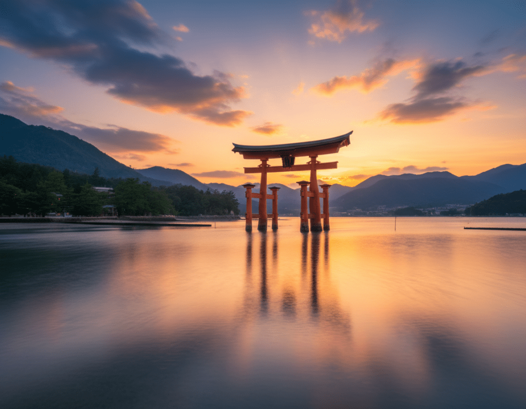 A breathtaking view of the iconic floating Torii gate at Itsukushima Shrine on Miyajima Island during sunset. The foreground features tranquil water reflecting the vibrant colors of the sky, with gentle ripples creating a serene atmosphere. In the middle, the majestic red Torii gate stands proudly, appearing as if it is emerging from the sea, surrounded by lush green hills. The background includes the silhouette of the island's natural landscape, with the sun setting behind it, casting a warm golden glow. The scene is captured with a wide-angle lens for an expansive view, evoking a peaceful and contemplative mood, perfect for showcasing Japan's stunning natural beauty.