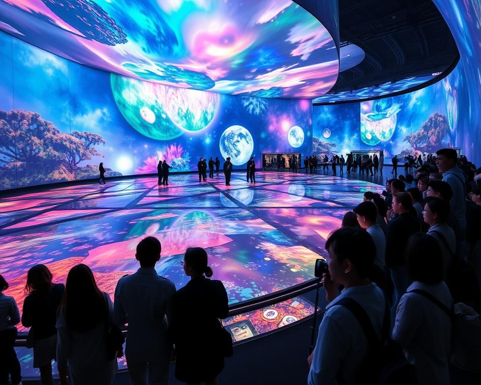 A breathtaking view of the teamLab Planets exhibit in Tokyo during peak visiting hours. In the foreground, a small group of visitors dressed in stylish, modest casual clothing marvels at the interactive digital art installations, their faces illuminated by colorful, shifting lights. In the middle ground, vibrant projections of nature blend seamlessly with reflective surfaces, creating a mesmerizing atmosphere filled with swirling colors and abstract shapes. The background features an expansive, immersive space with luminous walls and ethereal designs that make the visitor feel enveloped in art. Soft, diffused lighting enhances the surreal mood, while a wide-angle perspective captures the vastness of the installation. The overall ambiance is one of wonder and tranquility, reflecting the unique artistic experience of teamLab Planets. A breathtaking view of the teamLab Planets exhibit in Tokyo during peak visiting hours. In the foreground, a small group of visitors dressed in stylish, modest casual clothing marvels at the interactive digital art installations, their faces illuminated by colorful, shifting lights. In the middle ground, vibrant projections of nature blend seamlessly with reflective surfaces, creating a mesmerizing atmosphere filled with swirling colors and abstract shapes. The background features an expansive, immersive space with luminous walls and ethereal designs that make the visitor feel enveloped in art. Soft, diffused lighting enhances the surreal mood, while a wide-angle perspective captures the vastness of the installation. The overall ambiance is one of wonder and tranquility, reflecting the unique artistic experience of teamLab Planets.