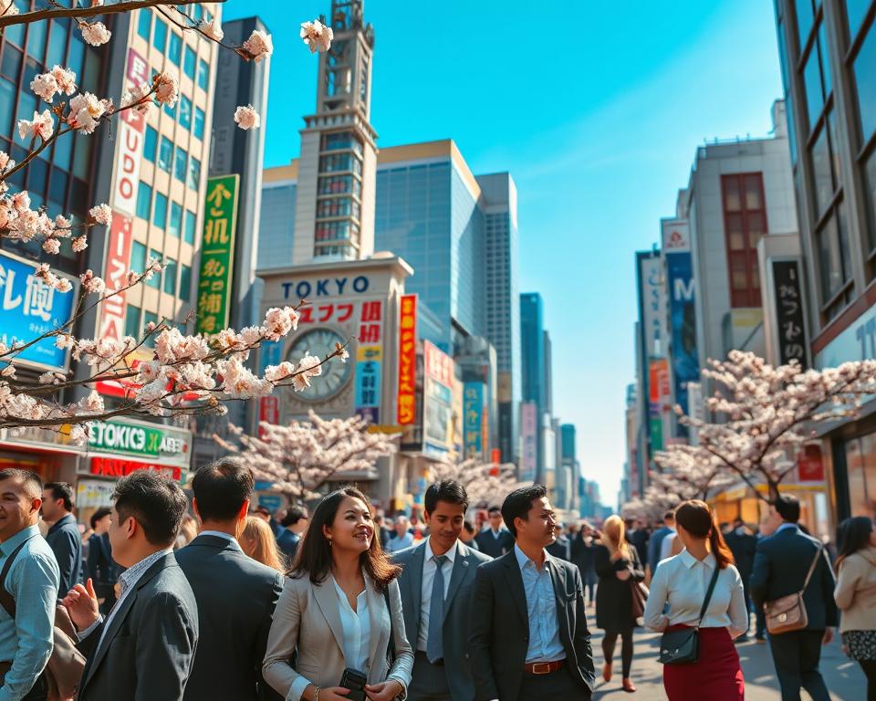 A bustling Tokyo street scene during spring, capturing the vibrant essence of life in the city. In the foreground, a group of diverse professionals, dressed in smart, casual attire, are engaged in conversation while cherry blossoms gently fall around them. The middle ground features iconic Tokyo architecture, including a mix of modern skyscrapers and traditional Japanese elements, with colorful advertisements illuminating the surroundings. The background shows a bright blue sky, hinting at clear weather. Soft, warm sunlight casts long shadows, creating an inviting atmosphere. The camera angle is slightly elevated, providing a dynamic perspective that emphasizes the energetic atmosphere of urban Tokyo. This image evokes a sense of exploration and discovery, perfect for evoking the charm of seasonal travel in Tokyo.
