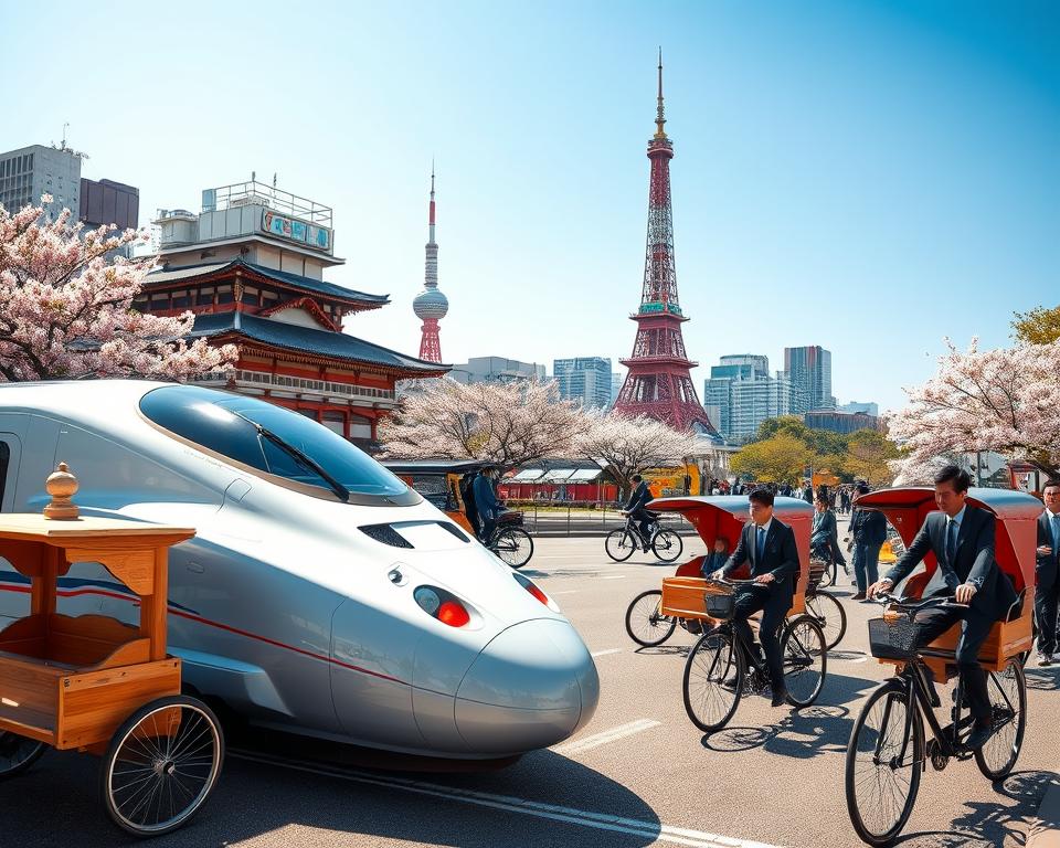 A bustling scene showcasing various modes of transportation in Japan, featuring a sleek Shinkansen bullet train gliding through a vibrant cityscape in the foreground. In the middle, traditional wooden rickshaws are parked beside modern bicycles, while commuters in smart business attire are navigating the streets. In the background, iconic Japanese landmarks like Tokyo Tower and cherry blossom trees softly bloom under a clear blue sky. The composition is framed with a slight aerial view, presenting a dynamic perspective that captures the harmony between vintage and contemporary transport. The lighting is bright and inviting, evoking a sense of energy and efficiency inherent to Japan's transport system.