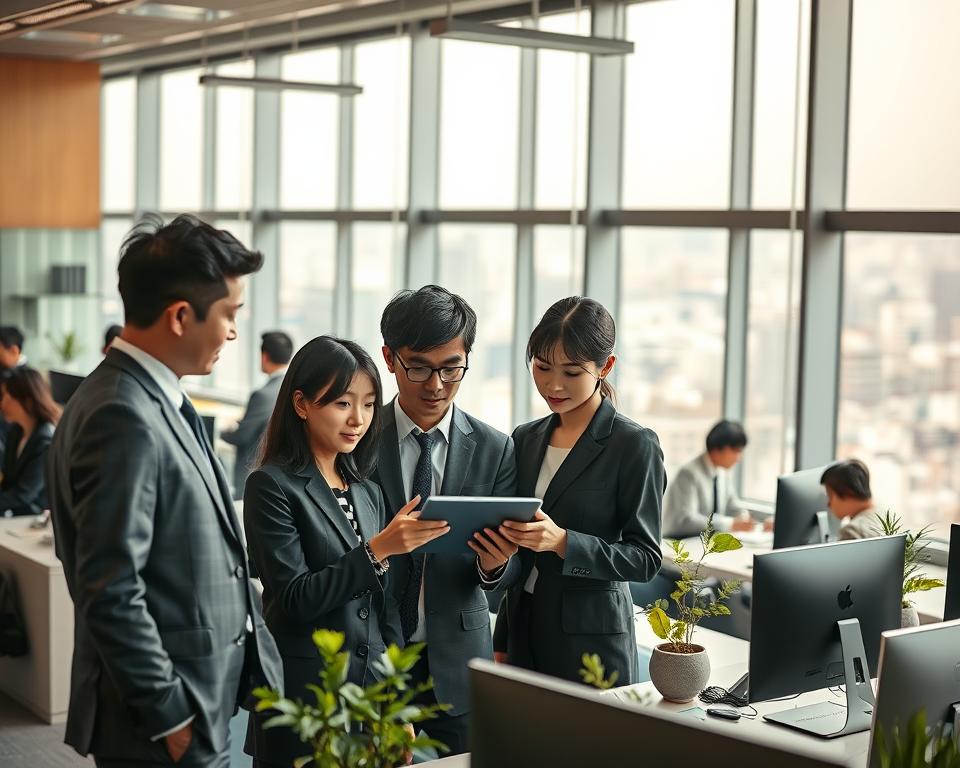 A contemporary Japanese office environment bustling with activity, showcasing professionals in smart business attire engaged in collaborative work. In the foreground, a diverse group of employees, including men and women, are discussing over a digital tablet, demonstrating teamwork and innovation. The middle ground features modern desks adorned with computers and plants, representing a blend of tradition and modernity. In the background, large windows reveal a vibrant cityscape of Tokyo, highlighting the urban lifestyle. Soft, natural light pours in, creating a warm and inviting atmosphere, while a shallow depth of field focuses on the foreground subjects. The overall mood is dynamic and industrious, embodying modern Japanese work culture and its emphasis on collaboration and efficiency.