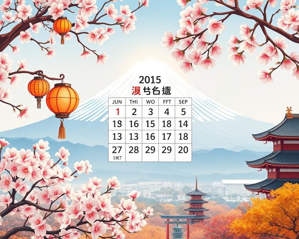A detailed calendar themed illustration showcasing the public holidays of Japan, organized by month. In the foreground, feature beautifully illustrated holiday symbols, such as cherry blossoms for Hanami in March, colorful lanterns for Tanabata in July, and autumn leaves for Shūbun in September. The middle ground should display a traditional Japanese calendar page, elegantly laid out with intricate kanji characters representing each holiday. The background should capture iconic Japanese landscapes, like Mount Fuji and serene temples, bathed in soft, warm daylight. Use a gentle, inviting color palette to create a festive atmosphere, with light filtering through cherry blossoms. Aim for a balanced composition that evokes a sense of cultural appreciation and festive celebration. A detailed calendar themed illustration showcasing the public holidays of Japan, organized by month. In the foreground, feature beautifully illustrated holiday symbols, such as cherry blossoms for Hanami in March, colorful lanterns for Tanabata in July, and autumn leaves for Shūbun in September. The middle ground should display a traditional Japanese calendar page, elegantly laid out with intricate kanji characters representing each holiday. The background should capture iconic Japanese landscapes, like Mount Fuji and serene temples, bathed in soft, warm daylight. Use a gentle, inviting color palette to create a festive atmosphere, with light filtering through cherry blossoms. Aim for a balanced composition that evokes a sense of cultural appreciation and festive celebration.