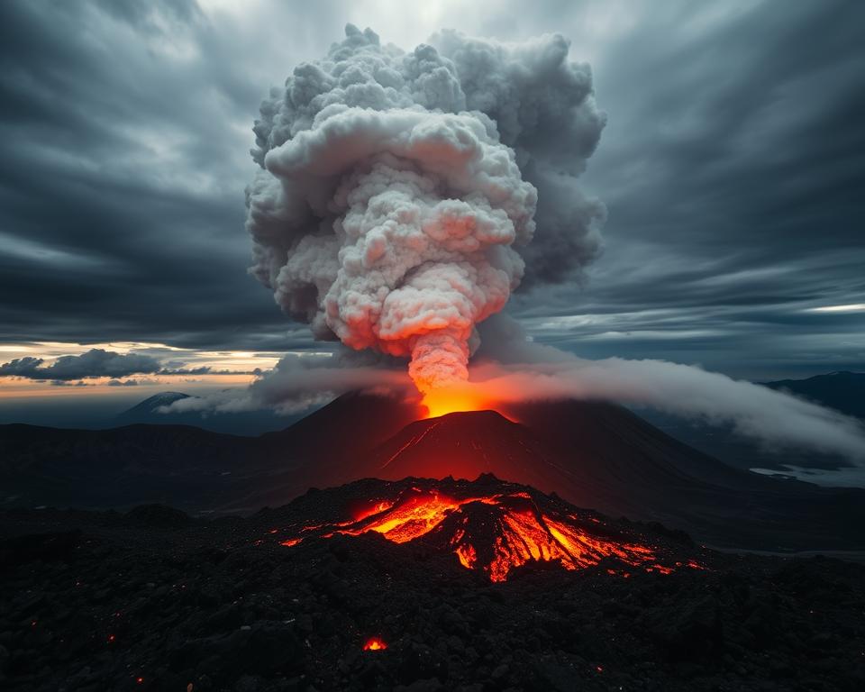 A dramatic view of the Sakurajima volcano erupting, with fiery lava glowing bright orange in the foreground, illuminating the rocky terrain. In the middle ground, billowing clouds of ash and smoke rise towards the sky, creating an awe-inspiring spectacle against a backdrop of dark, stormy clouds. The scene captures the raw power of nature, with vivid contrasts between the fiery orange and the dark grays of the ash clouds. A few distant mountains outline the horizon, partially obscured by the smoke. The lighting is moody and atmospheric, emphasizing the chaos of the eruption. Capture this moment with a wide-angle lens to encompass the grandeur of the volcano and its surroundings.