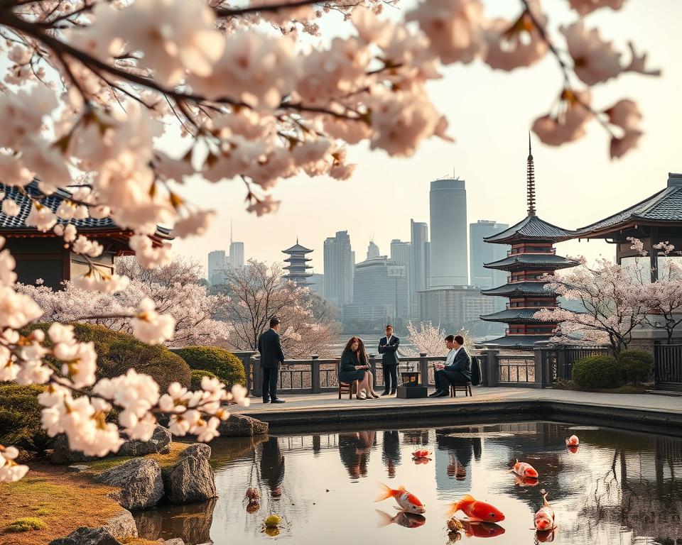 A harmonious blend of traditional and modern Japan, featuring a serene Japanese garden in the foreground with a koi pond and cherry blossom trees in full bloom. In the middle ground, a gathering of people dressed in contemporary business attire engaging in a traditional tea ceremony, showcasing the fusion of past and present. The background features a modern city skyline with traditional pagodas interspersed, symbolizing the coexistence of tradition and modernity. Soft, ambient lighting filters through the cherry blossoms, casting gentle reflections on the pond's surface. The scene conveys a peaceful atmosphere, highlighting the respect for cultural heritage while embracing contemporary life. The composition is framed at eye level for an inviting perspective, capturing the essence of Japan's ongoing journey through its rich traditions. A harmonious blend of traditional and modern Japan, featuring a serene Japanese garden in the foreground with a koi pond and cherry blossom trees in full bloom. In the middle ground, a gathering of people dressed in contemporary business attire engaging in a traditional tea ceremony, showcasing the fusion of past and present. The background features a modern city skyline with traditional pagodas interspersed, symbolizing the coexistence of tradition and modernity. Soft, ambient lighting filters through the cherry blossoms, casting gentle reflections on the pond's surface. The scene conveys a peaceful atmosphere, highlighting the respect for cultural heritage while embracing contemporary life. The composition is framed at eye level for an inviting perspective, capturing the essence of Japan's ongoing journey through its rich traditions.