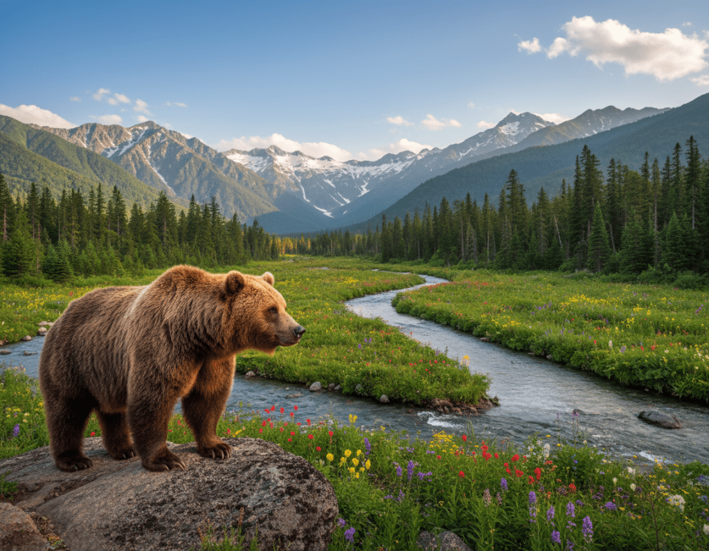 A majestic brown bear stands prominently in the foreground, with its thick, shaggy fur glistening in the soft golden light of a late afternoon sun. The bear is perched on a rocky outcrop, surveying its lush, green surroundings, which are dotted with colorful wildflowers and vibrant alpine flora. In the middle ground, a crystal-clear river flows gently, reflecting the bright blue sky above. Towering pine trees line the banks, creating a natural habitat teeming with life. In the background, the rugged mountains of Shiretoko National Park rise majestically, their peaks dusted with snow. The atmosphere is serene and awe-inspiring, capturing the essence of this untouched wilderness, showcasing the beauty of nature and wildlife coexistence. The image is captured from a slightly low angle, emphasizing the bear’s presence against the stunning backdrop.