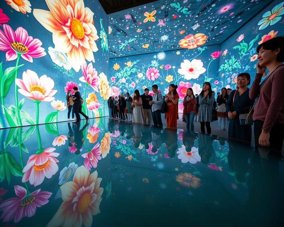 A mesmerizing scene capturing the essence of the teamLab Planets experience in Tokyo. In the foreground, a large, reflective pool of water mirrors the vibrant, colorful digital projections of flowers and abstract patterns, creating a dreamlike atmosphere. In the middle ground, diverse visitors in modest casual clothing interact with the art installations, their expressions filled with wonder and joy. The background showcases an immersive, illuminated environment with soft, ethereal lighting that enhances the magical quality of the digital artworks. A wide-angle lens captures the depth and scale of the space, inviting the viewer to feel part of this enchanting cultural experience. The overall mood is one of awe and curiosity, celebrating the fusion of art and technology. A mesmerizing scene capturing the essence of the teamLab Planets experience in Tokyo. In the foreground, a large, reflective pool of water mirrors the vibrant, colorful digital projections of flowers and abstract patterns, creating a dreamlike atmosphere. In the middle ground, diverse visitors in modest casual clothing interact with the art installations, their expressions filled with wonder and joy. The background showcases an immersive, illuminated environment with soft, ethereal lighting that enhances the magical quality of the digital artworks. A wide-angle lens captures the depth and scale of the space, inviting the viewer to feel part of this enchanting cultural experience. The overall mood is one of awe and curiosity, celebrating the fusion of art and technology.