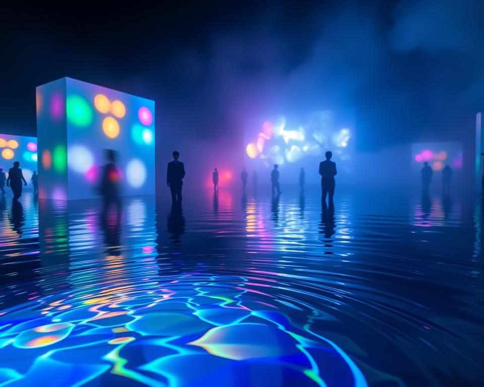 A mesmerizing sensory experience at teamLab Planets in Tokyo, capturing the interplay of light, water, mirrors, and sound. In the foreground, a stunning water surface reflects colorful, shifting lights, creating a harmonious blend of hues. The middle ground features ethereal mirror installations that distort and amplify the light, suggesting infinity. The background showcases faint silhouettes of vibrant, abstract light formations, diffused gently through mist, enveloping the space. Soft, ambient lighting casts gentle shadows, enhancing the dreamlike atmosphere. The perspective is low-angle, inviting viewers to immerse themselves in this captivating world. The overall mood is tranquil and inviting, evoking wonder and curiosity, emphasizing the immersive nature of this artistic journey. A mesmerizing sensory experience at teamLab Planets in Tokyo, capturing the interplay of light, water, mirrors, and sound. In the foreground, a stunning water surface reflects colorful, shifting lights, creating a harmonious blend of hues. The middle ground features ethereal mirror installations that distort and amplify the light, suggesting infinity. The background showcases faint silhouettes of vibrant, abstract light formations, diffused gently through mist, enveloping the space. Soft, ambient lighting casts gentle shadows, enhancing the dreamlike atmosphere. The perspective is low-angle, inviting viewers to immerse themselves in this captivating world. The overall mood is tranquil and inviting, evoking wonder and curiosity, emphasizing the immersive nature of this artistic journey.