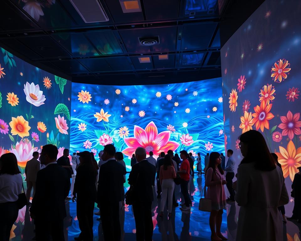A mesmerizing view of the Dauer teamLab Planets installation in Tokyo. In the foreground, visitors dressed in professional business attire or modest casual clothing interact with glowing, interactive light displays that create a sense of immersion. The middle ground features vibrant, colorful art projections that blend nature and technology, like flowing flowers and water patterns. In the background, a reflective surface enhances the vivid colors, creating an illusion of infinite space. The scene is illuminated with soft, ambient lighting that evokes a serene and enchanting atmosphere. The angle is slightly elevated, offering a comprehensive view of the installations, with an ethereal quality to the soft light that highlights the innovative use of digital art within the creative space of teamLab Planets. A mesmerizing view of the Dauer teamLab Planets installation in Tokyo. In the foreground, visitors dressed in professional business attire or modest casual clothing interact with glowing, interactive light displays that create a sense of immersion. The middle ground features vibrant, colorful art projections that blend nature and technology, like flowing flowers and water patterns. In the background, a reflective surface enhances the vivid colors, creating an illusion of infinite space. The scene is illuminated with soft, ambient lighting that evokes a serene and enchanting atmosphere. The angle is slightly elevated, offering a comprehensive view of the installations, with an ethereal quality to the soft light that highlights the innovative use of digital art within the creative space of teamLab Planets.