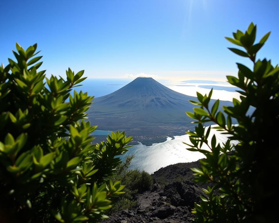 A panoramic view of Sakurajima, the iconic volcano in Kyushu, Japan, captured from one of its best vantage points. In the foreground, vibrant green foliage frames the scene, while a rocky ledge adds depth. The middle ground features the imposing volcano with its distinct symmetrical peak, shrouded slightly in wispy clouds. The background reveals a clear blue sky and the shimmering waters of Kinko Bay reflecting the sun. The atmosphere is serene and awe-inspiring, perfect for showcasing the natural beauty of this active volcano. Soft, warm lighting bathes the scene in a gentle glow, enhancing the vivid colors of the landscape. Capture this breathtaking vista from a slightly elevated angle for an expansive view that highlights both the volcano and the surrounding scenery.