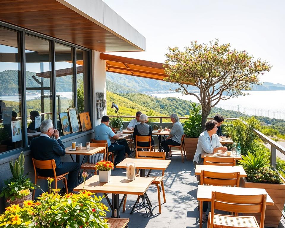 A picturesque scene capturing the essence of Naoshima Cafés on a sunny day. In the foreground, a stylish café terrace with wooden tables and chairs, adorned with colorful plants and local artworks. Patrons, dressed in modest casual clothing, enjoy coffee and pastries while engaging in lively conversation. The middle ground features the café's modern architecture, characterized by clean lines and large windows that reflect the vibrant colors of the surrounding environment. In the background, lush green hills and glimpses of the shimmering Seto Inland Sea create a serene atmosphere. Bright natural lighting enhances the inviting vibe of the scene, while a soft focus adds warmth, imbuing the image with a sense of community and artistic inspiration unique to Naoshima.