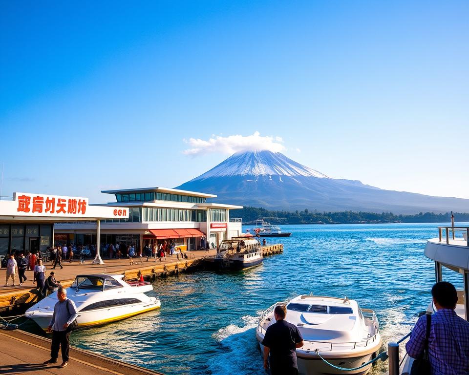 A picturesque scene of the Kagoshima Sakurajima ferry terminal bustling with activity, located on the waterfront against the striking backdrop of the Sakurajima volcano. In the foreground, a sleek ferry approaches the dock with a few passengers in modest casual clothing eagerly waiting at the terminal. The middle ground showcases the terminal's modern architecture and vibrant signage, reflecting a sunny day with clear blue skies. In the background, the majestic Sakurajima volcano towers above, cloaked in wisps of white smoke, under the gentle golden light of the late afternoon sun. The atmosphere is lively and inviting, capturing the essence of travel and exploration in this unique volcanic region of Japan.