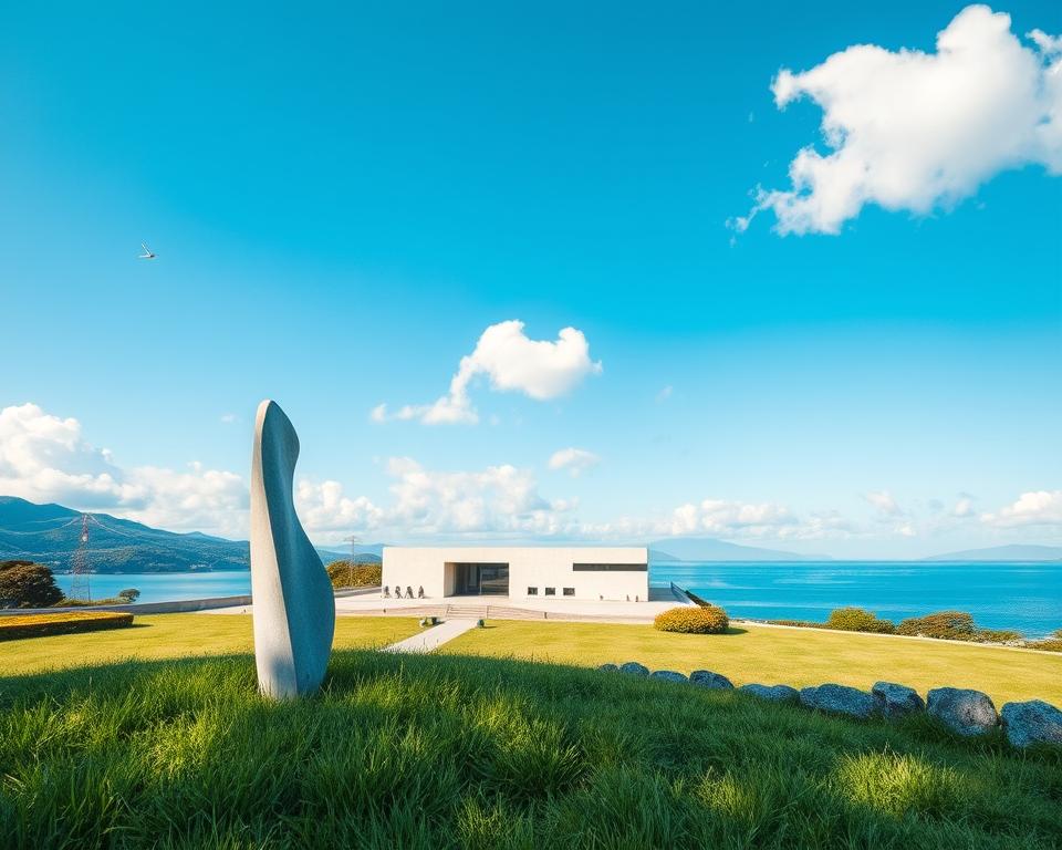 A picturesque view of Naoshima, Japan, showcasing its unique blend of art and architecture. In the foreground, a modern sculpture stands prominently, surrounded by lush, green grass. The middle ground features the iconic Benesse House Museum, with its minimalist design harmonizing with the coastal landscape. The background reveals the serene waters of the Seto Inland Sea under a bright blue sky, dotted with fluffy white clouds. Soft, natural lighting bathes the scene, highlighting the textures of the museum's walls and the sculpture. Capture a tranquil yet inspiring atmosphere, evoking the essence of a cultural oasis amidst nature, perfect for art enthusiasts and travelers alike. Use a wide-angle perspective to encompass the beauty of this artistic island.