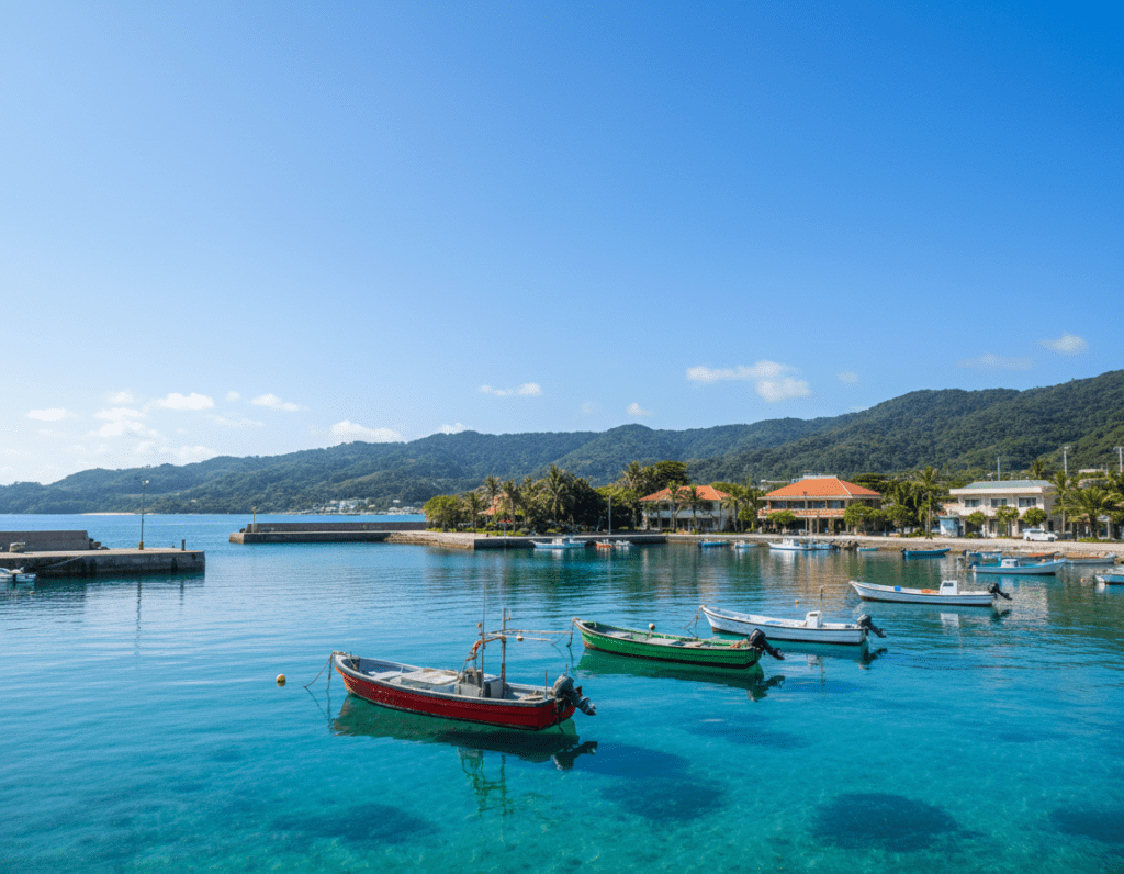 A scenic view of Tomari Port on Aka Island, capturing the essence of a serene harbor. In the foreground, small fishing boats gently bobbing in the crystal-clear turquoise water, with their vibrant colors reflecting the sunny sky. The middle ground features the charming coastal buildings, showcasing traditional Okinawan architecture with terracotta roofs and lush greenery. In the background, the lush hills of Aka Island rise against a bright blue sky with a few fluffy clouds, evoking a warm, inviting atmosphere. The lighting is bright and cheerful, suggesting midday sun, with a wide-angle lens to encompass the beauty of the landscape. The mood is tranquil and picturesque, perfect for illustrating the arrival experience on this enchanting island.