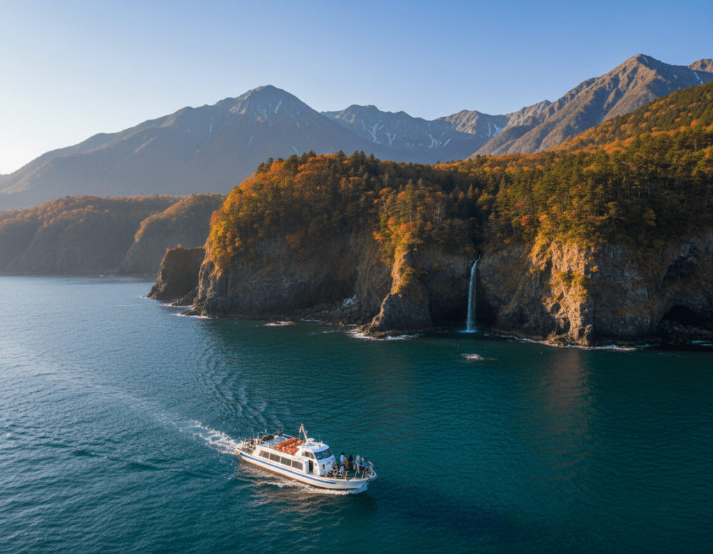 A scenic view of a tour boat navigating the pristine waters along the west coast of Shiretoko National Park in Japan. In the foreground, the boat gently cuts through sparkling blue waves, with a few tourists onboard wearing light jackets and enjoying the scenery. The middle ground features dramatic cliffs adorned with lush green forests and vibrant autumn foliage, hinting at the park's rich biodiversity. In the background, majestic mountains rise under a clear blue sky, reflecting the warm sunlight that bathes the scene in a golden glow. The atmosphere conveys a sense of adventure and tranquility, inviting viewers to explore the natural beauty of the park. The image is captured from a slightly elevated angle, emphasizing both the boat's journey and the breathtaking landscape surrounding it.
