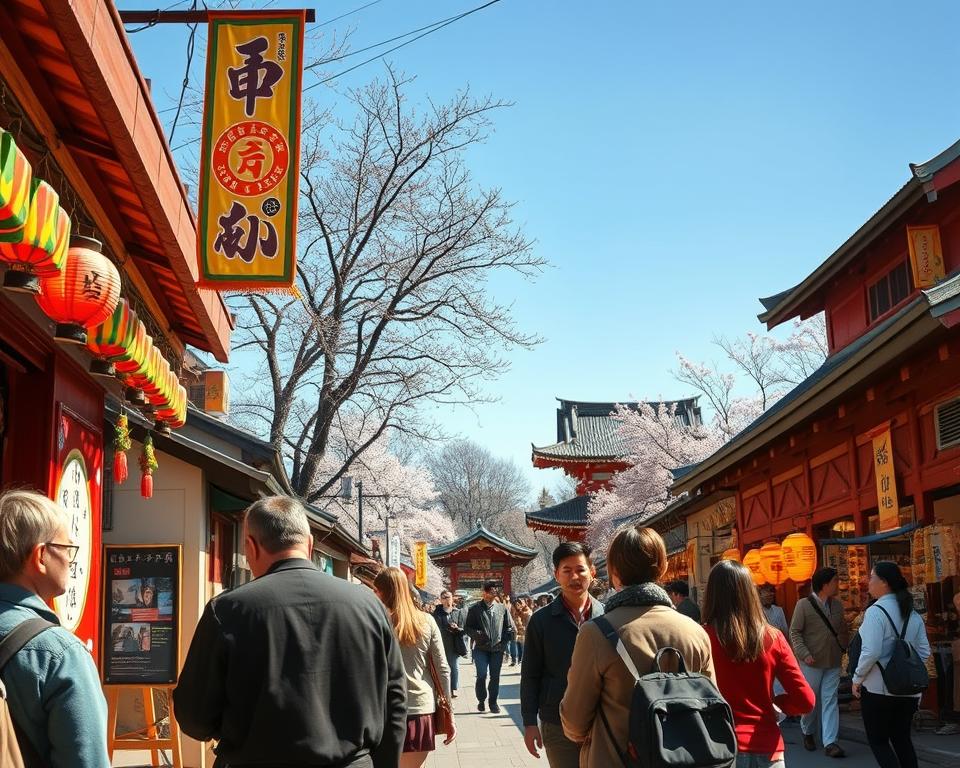 A scenic view of a traditional Japanese street during a festive holiday, featuring vibrant seasonal decorations and local festivities. In the foreground, a well-dressed group of diverse travelers, wearing modest casual clothing, examine a colorful festival banner. The middle ground includes a bustling marketplace with stalls selling festive foods and decorations, showcasing cherry blossoms and lanterns. In the background, a historic shrine is illuminated by the warm glow of lanterns, surrounded by cherry trees, under a clear blue sky. The sunlight casts soft shadows, creating a cheerful and inviting atmosphere. The image is captured from a slightly elevated angle, emphasizing the lively interaction of people celebrating Japanese culture and traditions during holidays. A scenic view of a traditional Japanese street during a festive holiday, featuring vibrant seasonal decorations and local festivities. In the foreground, a well-dressed group of diverse travelers, wearing modest casual clothing, examine a colorful festival banner. The middle ground includes a bustling marketplace with stalls selling festive foods and decorations, showcasing cherry blossoms and lanterns. In the background, a historic shrine is illuminated by the warm glow of lanterns, surrounded by cherry trees, under a clear blue sky. The sunlight casts soft shadows, creating a cheerful and inviting atmosphere. The image is captured from a slightly elevated angle, emphasizing the lively interaction of people celebrating Japanese culture and traditions during holidays.