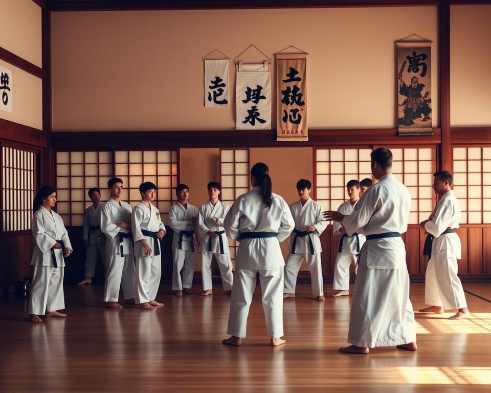 A serene Japanese dojo with wooden floors and paper sliding doors, showcasing a traditional martial arts class. In the foreground, a sensei instructs a group of students in crisp, white gi, demonstrating precise techniques. The students, diverse in age and gender, exhibit concentration and respect, embodying the spirit of Bushido. The middle ground features a wall adorned with kanji symbols symbolizing honor and discipline. The soft, warm light filters in through the shoji screens, creating a tranquil atmosphere. In the background, hanging scrolls depict historical samurai scenes, immersing the viewer in Japan's rich martial arts traditions. The overall mood is respectful and contemplative, emphasizing the age-old values of discipline and respect inherent in Japanese martial arts. A serene Japanese dojo with wooden floors and paper sliding doors, showcasing a traditional martial arts class. In the foreground, a sensei instructs a group of students in crisp, white gi, demonstrating precise techniques. The students, diverse in age and gender, exhibit concentration and respect, embodying the spirit of Bushido. The middle ground features a wall adorned with kanji symbols symbolizing honor and discipline. The soft, warm light filters in through the shoji screens, creating a tranquil atmosphere. In the background, hanging scrolls depict historical samurai scenes, immersing the viewer in Japan's rich martial arts traditions. The overall mood is respectful and contemplative, emphasizing the age-old values of discipline and respect inherent in Japanese martial arts.