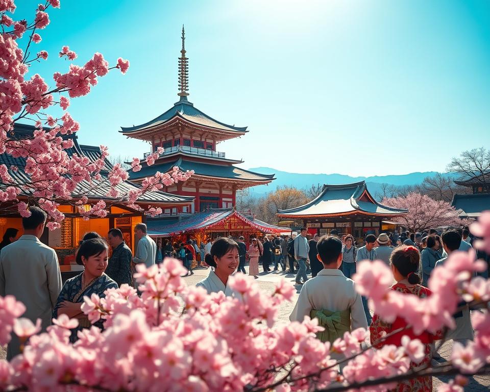 A serene Japanese landscape during a national holiday celebration, showcasing traditional elements. In the foreground, families dressed in modest traditional attire like kimonos gather around vibrant cherry blossoms, surrounded by soft pink petals. In the middle, a group of people is enjoying a festival, with stalls selling festive foods, lanterns lit in warm hues, and children playing. The background features a peaceful temple, adorned with flags and decorations, reflecting a rich cultural heritage. The sky is a clear blue, with gentle sunlight illuminating the scene, creating a warm and inviting atmosphere. The focus is on the joy of togetherness and the pride in Japan's cultural identity, evoking a sense of history and community. A serene Japanese landscape during a national holiday celebration, showcasing traditional elements. In the foreground, families dressed in modest traditional attire like kimonos gather around vibrant cherry blossoms, surrounded by soft pink petals. In the middle, a group of people is enjoying a festival, with stalls selling festive foods, lanterns lit in warm hues, and children playing. The background features a peaceful temple, adorned with flags and decorations, reflecting a rich cultural heritage. The sky is a clear blue, with gentle sunlight illuminating the scene, creating a warm and inviting atmosphere. The focus is on the joy of togetherness and the pride in Japan's cultural identity, evoking a sense of history and community.