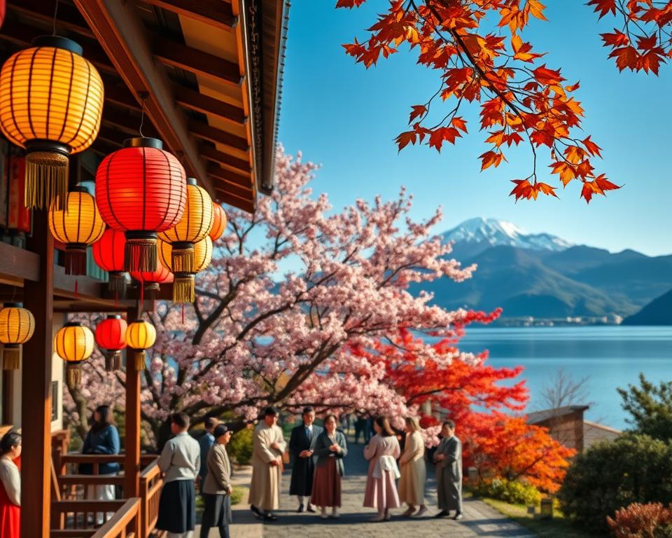 A serene Japanese landscape during a seasonal festival, showcasing the harmony of nature and culture. In the foreground, colorful traditional lanterns hang from a wooden structure, illuminating the scene with soft, warm light. The middle ground features a group of people dressed in modest traditional attire, joyfully celebrating amidst blooming cherry blossoms and vibrant autumn leaves, symbolizing the changing seasons. The background is filled with majestic mountains under a clear blue sky, representing the beauty of nature. The image captures the essence of tranquility and celebration, with gentle reflections on a nearby serene lake, enhancing the peaceful atmosphere. The lighting is natural and vibrant, providing a feeling of joy and connection to nature's beauty. A serene Japanese landscape during a seasonal festival, showcasing the harmony of nature and culture. In the foreground, colorful traditional lanterns hang from a wooden structure, illuminating the scene with soft, warm light. The middle ground features a group of people dressed in modest traditional attire, joyfully celebrating amidst blooming cherry blossoms and vibrant autumn leaves, symbolizing the changing seasons. The background is filled with majestic mountains under a clear blue sky, representing the beauty of nature. The image captures the essence of tranquility and celebration, with gentle reflections on a nearby serene lake, enhancing the peaceful atmosphere. The lighting is natural and vibrant, providing a feeling of joy and connection to nature's beauty.