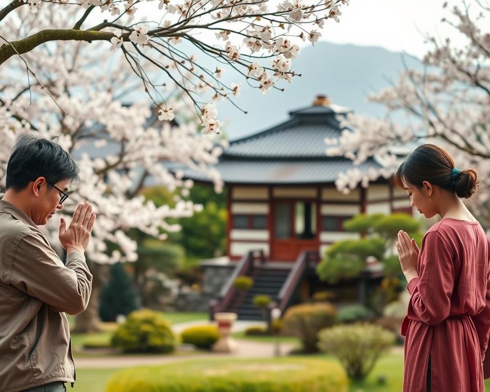 A serene Japanese scene depicting social etiquette in everyday life. In the foreground, a group of three individuals (a man and two women) dressed in modest casual clothing, engaging in a respectful bowing gesture. In the middle, a traditional Japanese tea house surrounded by lush greenery and cherry blossom trees in full bloom, conveying harmony and tranquility. The background features distant mountains softly blurred, hinting at a peaceful landscape under soft, diffused natural lighting of a late afternoon. Capture the essence of Japanese culture with a warm and inviting atmosphere, emphasizing values of respect and politeness. The angle should be slightly elevated, providing a gentle panorama of this culturally rich environment, embodying the spirit of communal harmony and social etiquette.