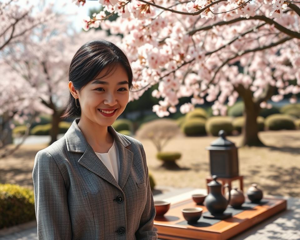A serene Japanese scene illustrating everyday culture and etiquette. In the foreground, a professional Japanese woman in modest business attire smiles politely, bowing slightly as a gesture of respect. In the middle ground, a traditional tea ceremony is unfolding, showcasing intricate teaware and a calm atmosphere. The background features a beautifully manicured Japanese garden with cherry blossom trees in full bloom, offering vibrant pink petals that gently cascade in the breeze. Soft, natural sunlight filters through the trees, casting gentle shadows on the ground. The angle is slightly elevated, capturing the elegance of the scene. The overall mood is respectful, inviting, and harmonious, reflecting the essence of Japanese culture and etiquette.