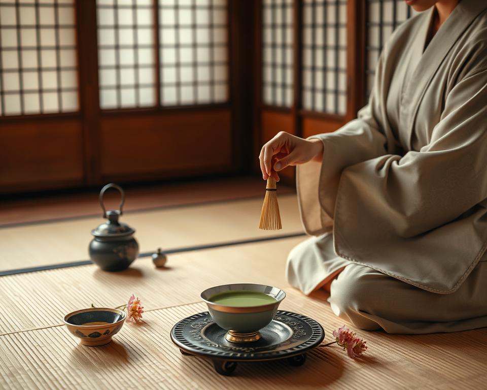 A serene Japanese tea ceremony scene set inside a traditional tatami room. In the foreground, a host in a simple yet elegant kimono prepares matcha tea with precise, mindful movements, showcasing the artistry of Chado. The middle ground features an ornate tea set, with a delicate tea bowl and bamboo whisk, surrounded by seasonal floral arrangements that enhance the tranquility of the moment. In the background, shoji screens allow soft, natural light to filter in, casting a warm glow across the room. The atmosphere is calm and meditative, evoking a sense of deep cultural reverence. The composition should be captured from a slightly elevated angle, focusing on the intricate details of the tea preparation. The overall mood is peaceful, inviting the viewer into a cherished Japanese tradition. A serene Japanese tea ceremony scene set inside a traditional tatami room. In the foreground, a host in a simple yet elegant kimono prepares matcha tea with precise, mindful movements, showcasing the artistry of Chado. The middle ground features an ornate tea set, with a delicate tea bowl and bamboo whisk, surrounded by seasonal floral arrangements that enhance the tranquility of the moment. In the background, shoji screens allow soft, natural light to filter in, casting a warm glow across the room. The atmosphere is calm and meditative, evoking a sense of deep cultural reverence. The composition should be captured from a slightly elevated angle, focusing on the intricate details of the tea preparation. The overall mood is peaceful, inviting the viewer into a cherished Japanese tradition.