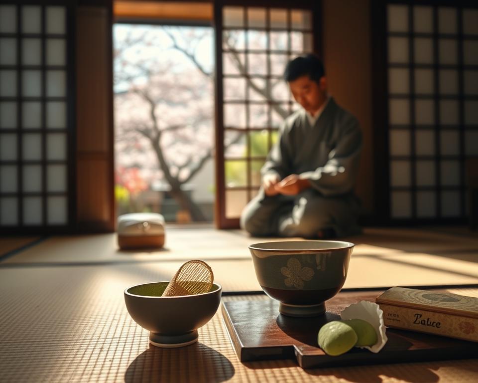 A serene Japanese tea ceremony scene, showcasing a tea master gracefully preparing matcha in a traditional tatami room. In the foreground, a delicate bamboo tea whisk and a beautifully crafted ceramic tea bowl sit on a low wooden table. The middle layer features the tea master, dressed in a subtle kimono, focusing intently on the tea-making process. The background reveals a tranquil Japanese garden visible through sliding shoji doors, with cherry blossom trees gently swaying in the breeze. Soft, natural sunlight filters through the doors, casting warm shadows and creating an inviting atmosphere. The overall mood is peaceful and immersive, highlighting the rich cultural heritage of Japanese tea culture and the elegant connection to wagashi sweets, delicately placed nearby.