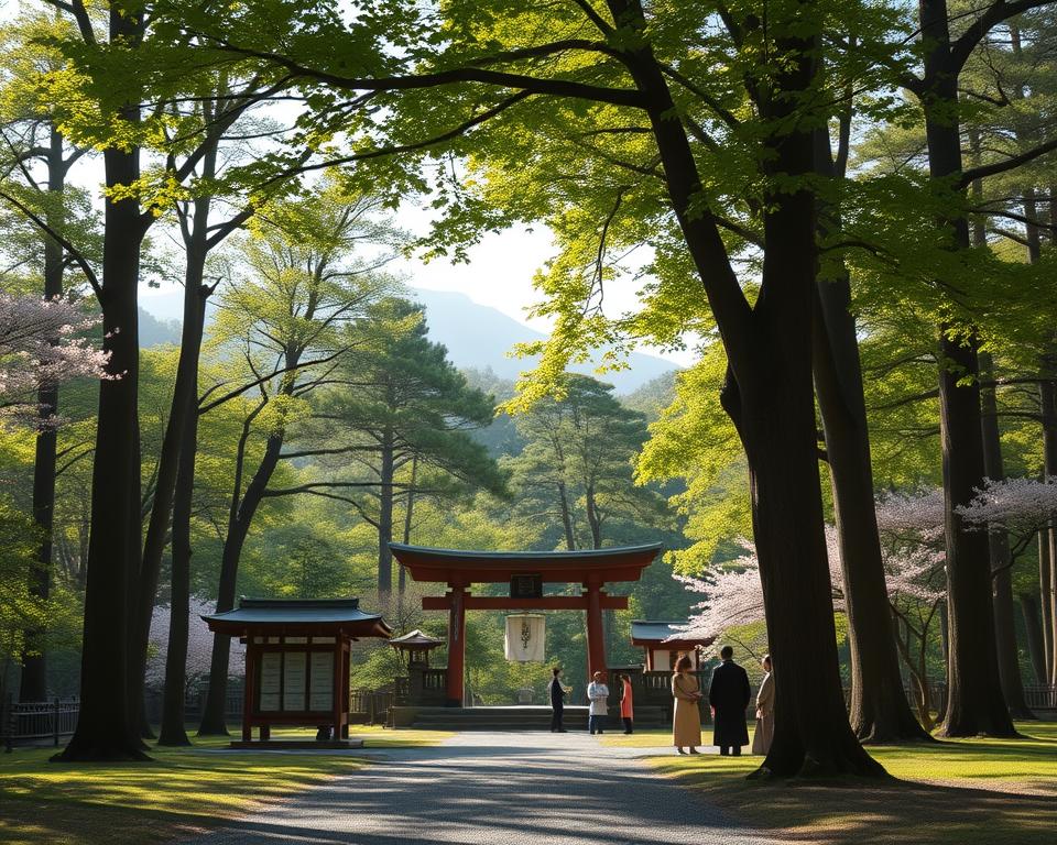 A serene Japanese temple nestled in a lush forest, surrounded by tall, vibrant green trees and gentle cherry blossoms. In the foreground, a peaceful Shinto shrine stands gracefully, complete with a torii gate, lanterns, and offerings of rice. Soft morning light filters through the trees, casting dappled shadows on the ground. In the middle ground, a group of individuals, dressed in modest traditional Japanese clothing, engage in a ritualistic practice, such as lighting incense or reflecting quietly. The background features distant mountains, partially shrouded in mist, creating a mystical atmosphere. The overall mood is tranquil and contemplative, evoking a sense of spirituality and connection to nature. Shot with a wide-angle lens to capture the expansive beauty of the surroundings.