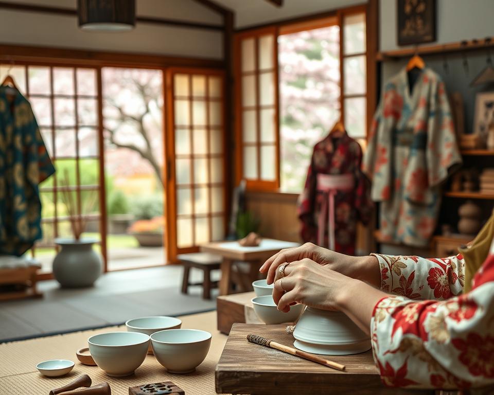 A serene Japanese workshop filled with the art of traditional crafts. In the foreground, a skilled artisan expertly shapes delicate porcelain pottery, their hands gently molding the clay. Vibrant kimonos hang on nearby racks, showcasing intricate patterns and colors, while wooden tools and beautifully carved pieces are arranged on a workbench. In the middle ground, an open window reveals a lush Japanese garden with cherry blossom trees gently swaying in the breeze, enhancing the tranquil atmosphere. Soft, warm lighting filters through the workshop, casting gentle shadows and highlighting the craftsmanship. The composition captures a harmonious blend of artistry and tradition, inviting viewers to appreciate Japan's rich cultural heritage. The image is shot with a shallow depth of field to focus on the artisan and crafts while softly blurring the surrounding elements.