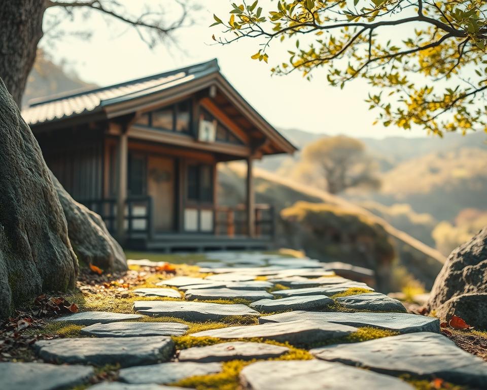 A serene Wabi-Sabi composition featuring a weathered wooden tea house nestled among gentle hills, showcasing the beauty of imperfection. In the foreground, a rustic stone path leads to the entrance, highlighted by delicate moss and fallen leaves, reflecting seasonality. The middle ground reveals the tea house, constructed with aged wood, its surfaces textured and natural, evoking a sense of harmony. In the background, soft, blurred outlines of traditional trees punctuate the landscape under a warm, dappled sunlight, creating a tranquil atmosphere. The lighting is soft and diffused, casting gentle shadows and emphasizing the organic forms. This image expresses the Japanese aesthetic of simplicity and beauty in impermanence, evoking calmness and introspection.